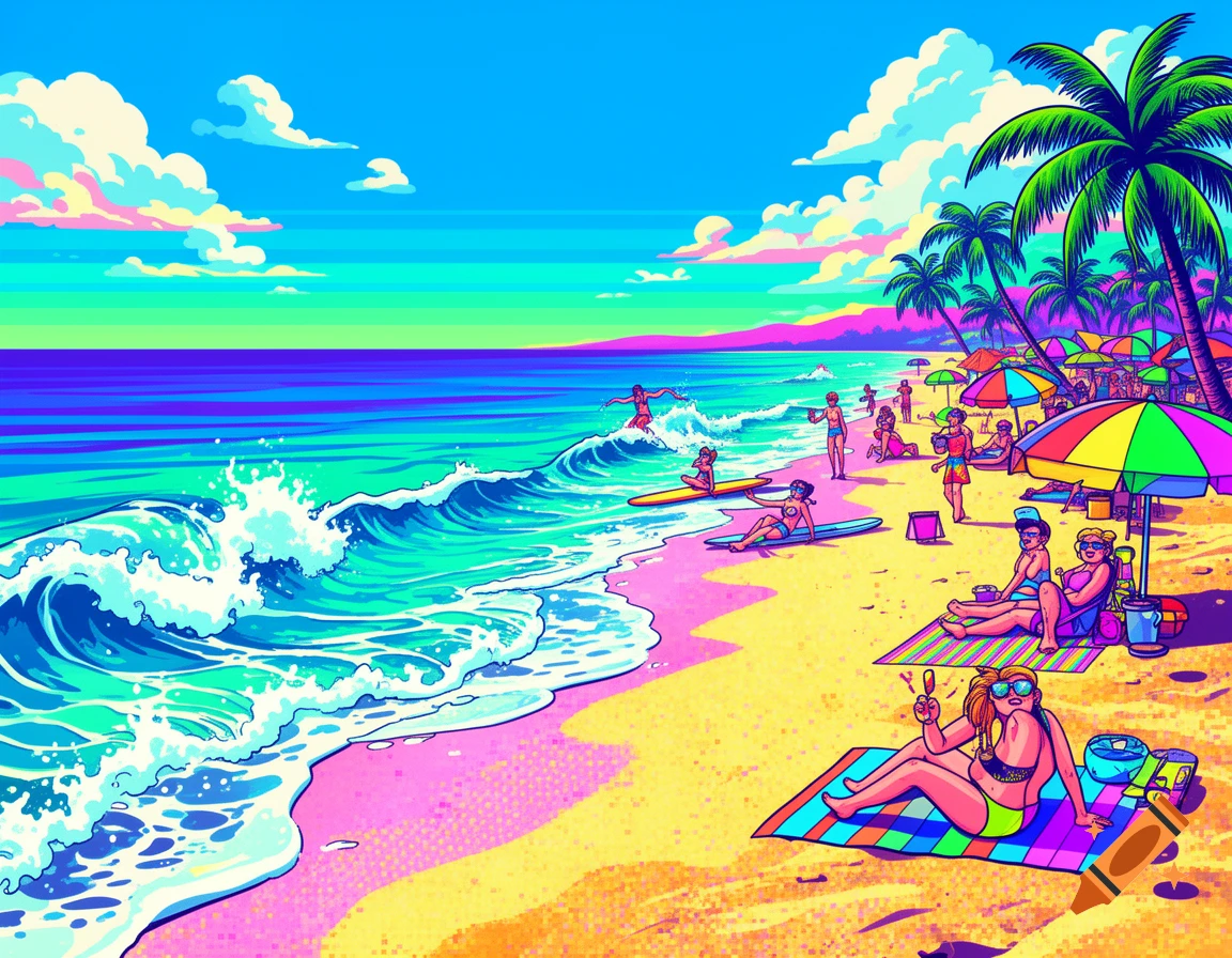 Vibrant pop art beach scene with people swimming, surfing, and relaxing on sand under colorful umbrellas and palm trees.