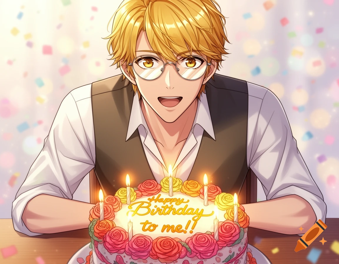 A smiling blonde anime guy with glasses sits in front of a birthday cake that reads 'Happy Birthday to me!!', with confetti falling.