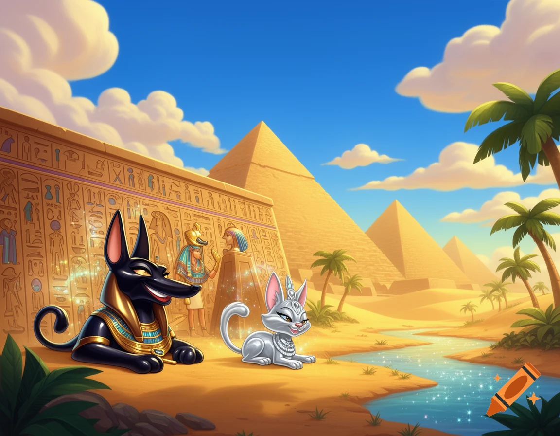 A cartoon Anubis and a white cat-like deity sit by a sparkling river in ancient Egypt, with pyramids and a hieroglyph-covered temple in the background.
