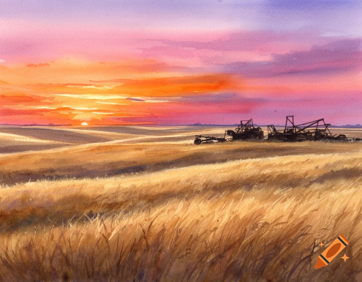 Watercolor painting of a golden prairie field with silhouetted farm equipment under a vibrant sunset.