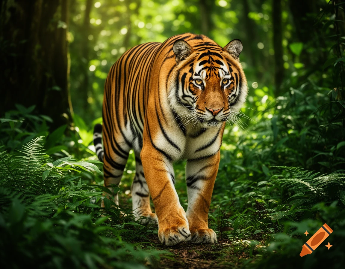 Photorealistic tiger walking on a jungle path, surrounded by green foliage with dappled sunlight.