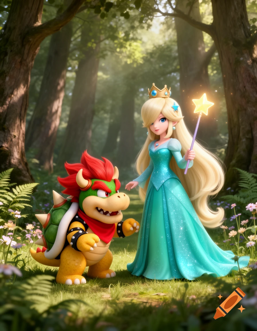 Princess Rosalina and Bowser stand in a lush, sun-dappled forest. Rosalina wears a sparkly blue dress and crown, holding a star wand, while Bowser stands beside her.