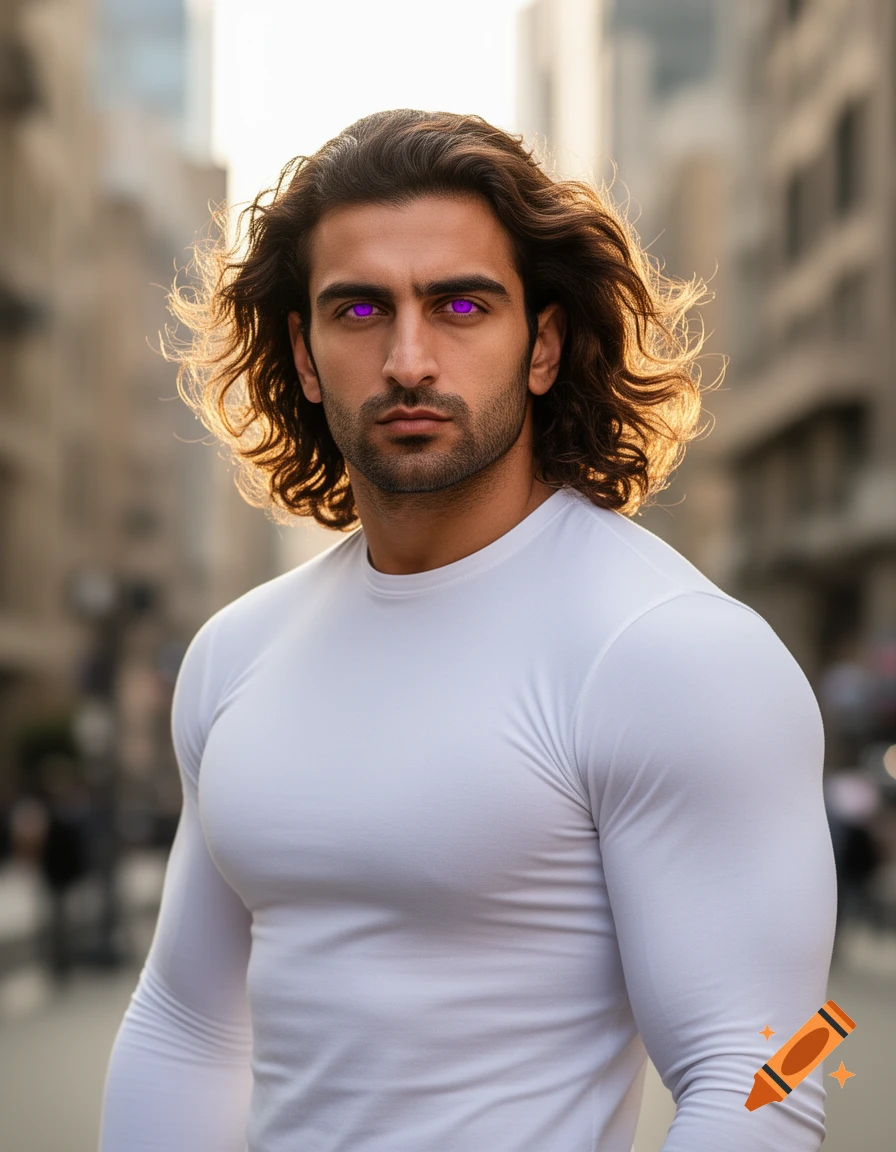 A photorealistic portrait of a muscular man with long brown hair and striking purple eyes, wearing a white shirt, standing in a city street.