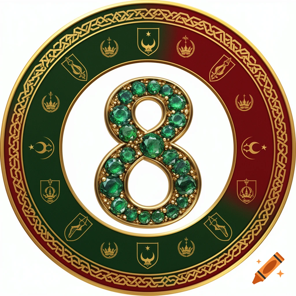 A decorative circular frame with green and red sections, gold trim, Ottoman Empire symbols, and a central number 8 studded with green gems.