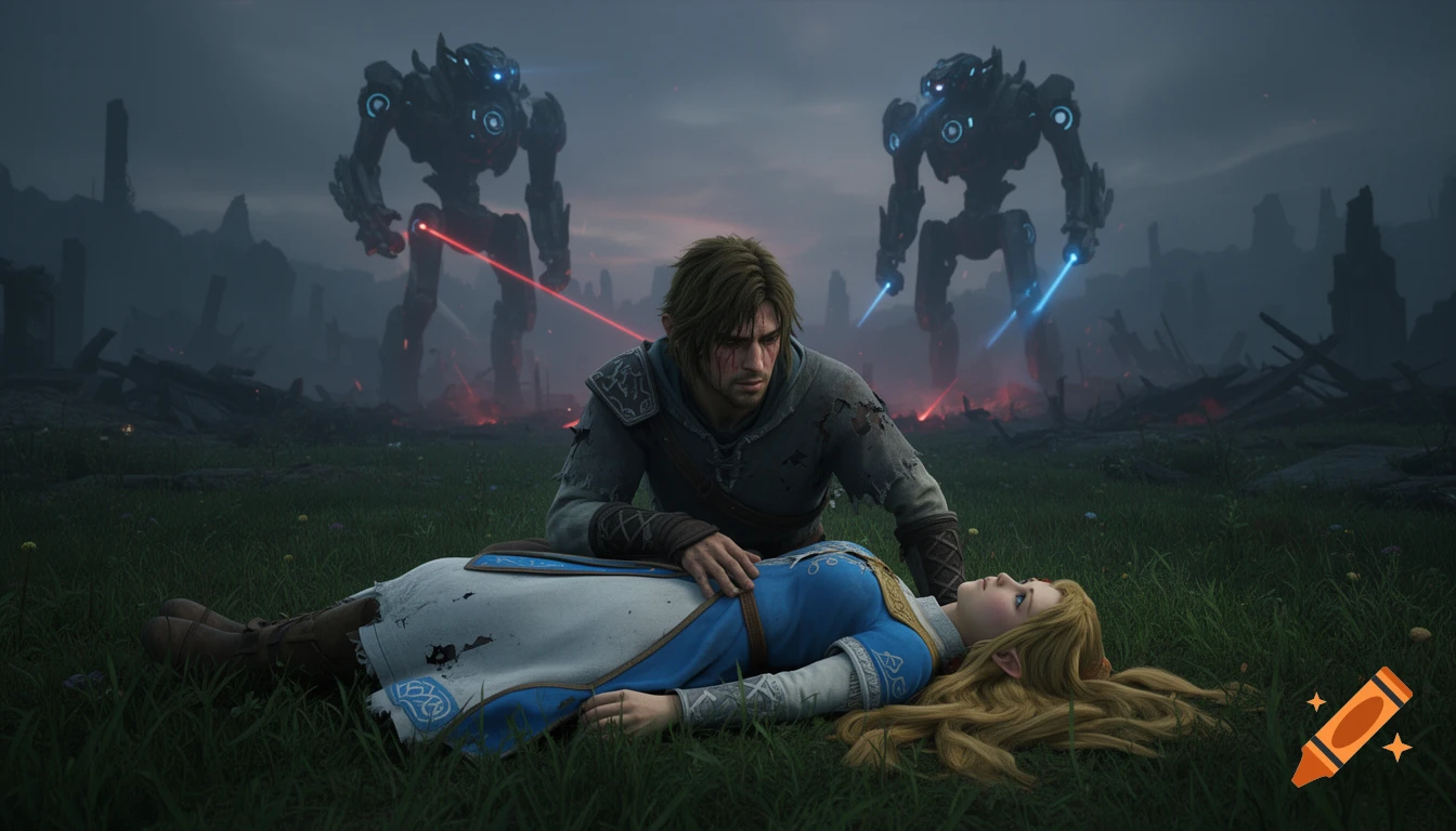A battle-worn man sadly cradles a woman's lifeless body in a grassy meadow, with two looming mechanical robots in a ruined landscape.