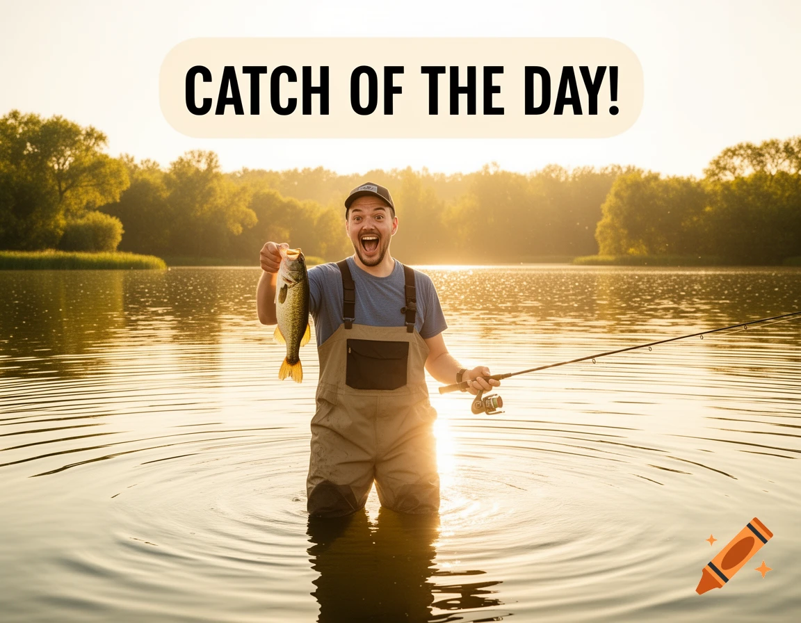 A man stands in a lake at sunset, excitedly holding up a fish he caught, with 'CATCH OF THE DAY!' text overlaid.