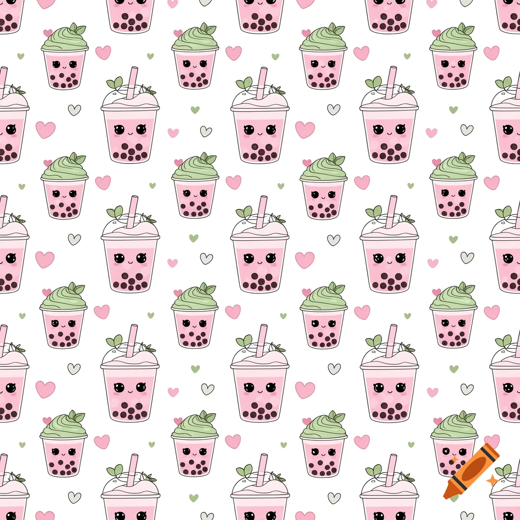 Seamless repeating pattern of cute, pink bubble tea cups with faces, green tea cups, and scattered pastel hearts in kawaii vector style.
