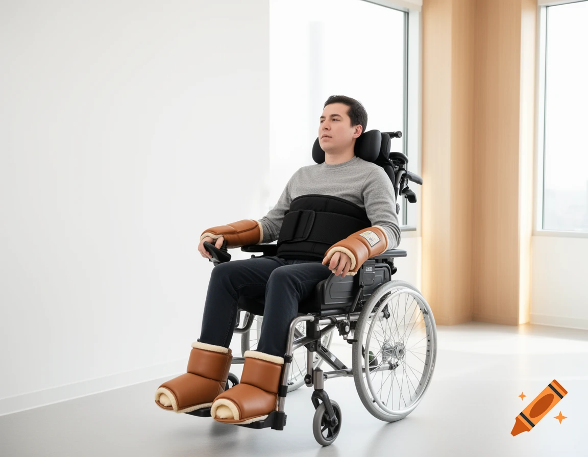 A man in a wheelchair wearing a black compression belt and brown padded cuffs on his forearms and feet in a bright, modern room.