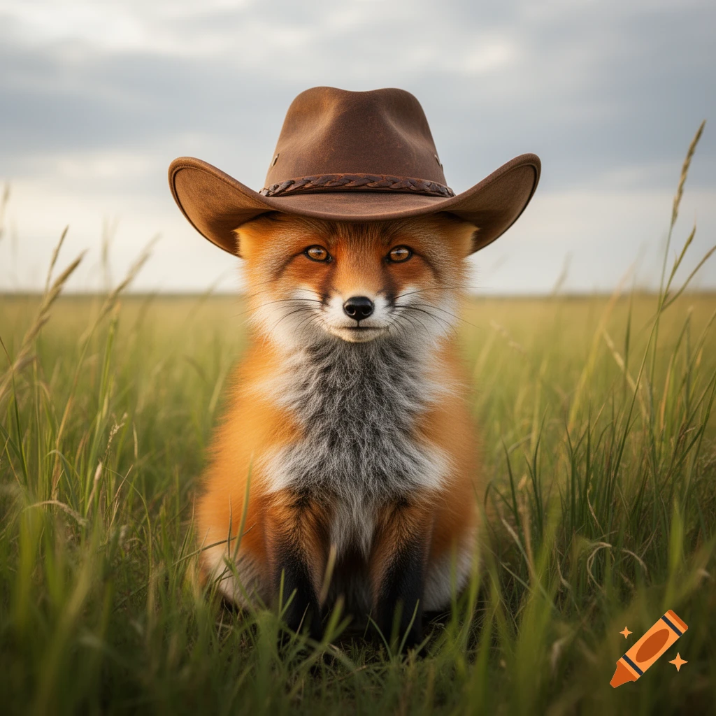 A cute red fox wearing a brown cowboy hat sits in a grassy field under a cloudy sky. Photorealistic.