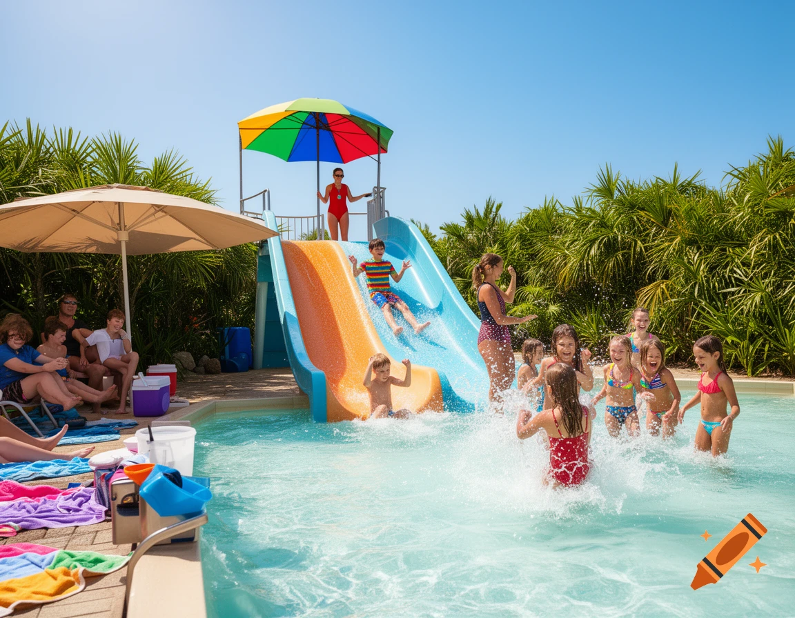 Children and adults enjoy a sunny day at a water park, with kids playing in a pool and going down a water slide.
