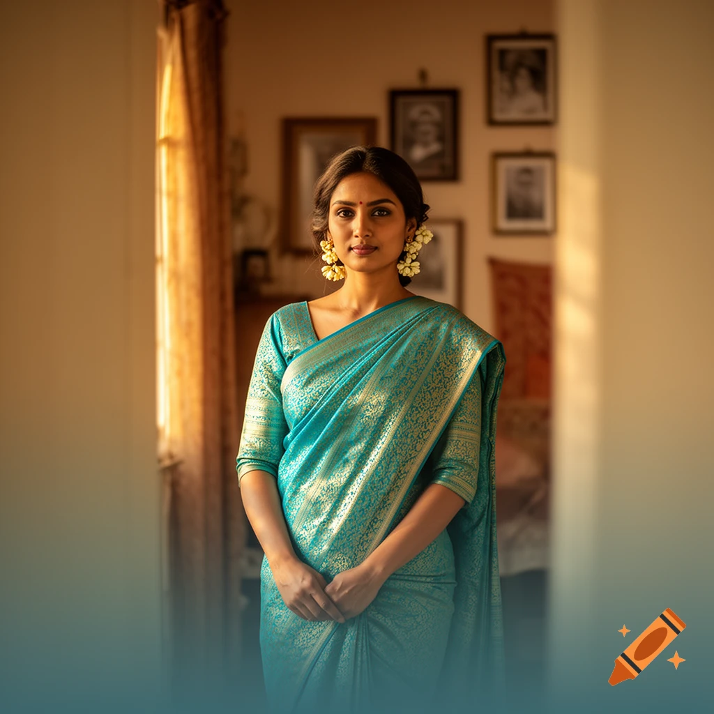 A woman in a teal and gold patterned saree, adorned with jasmine flower earrings, stands looking forward in a warmly lit room.