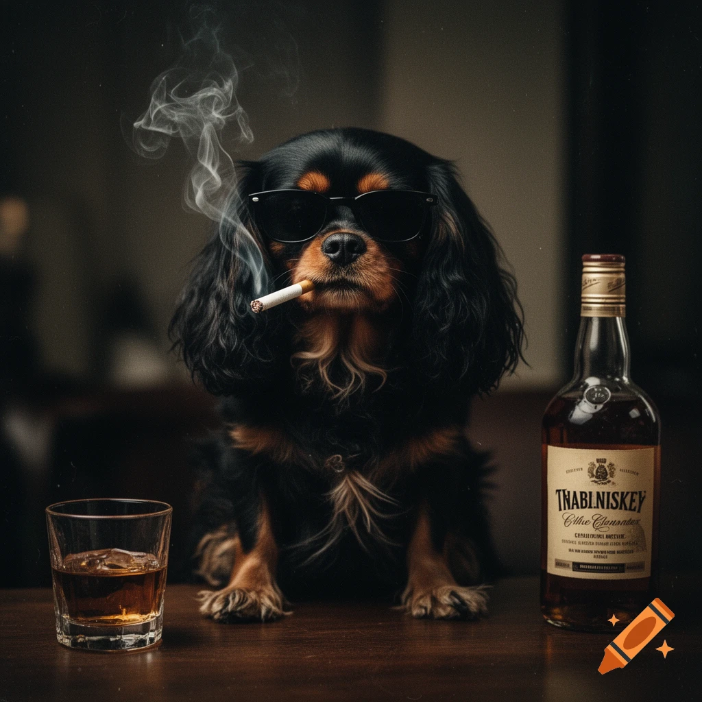 A black-and-tan Cavalier King Charles Spaniel wearing sunglasses, smoking a cigarette, and sitting between a glass of whiskey and a bottle, in a vintage style.