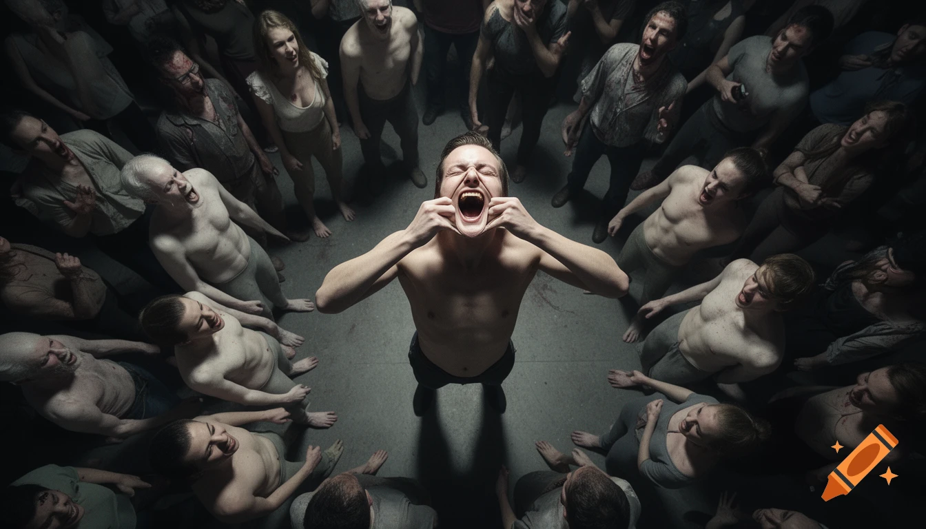 Overhead view of a screaming figure pulling their face, surrounded by a chaotic, screaming crowd in a dark, unsettling, hyperrealistic scene.