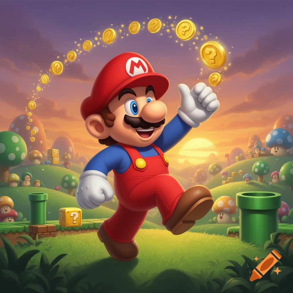 Mario gives a thumbs-up while stepping through a vibrant, cartoonish mushroom kingdom landscape with a sunset and floating gold coins.