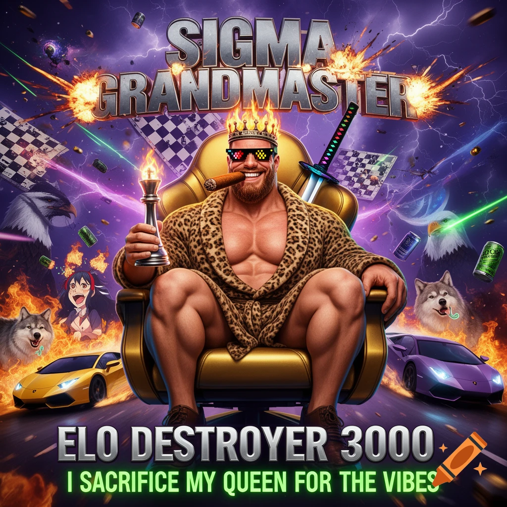 A muscular 'Sigma Grandmaster' in a leopard robe sits on a golden throne, holding a chess queen, with exploding chessboards, cars, wolves, and eagles in a chaotic, over-the-top meme style.