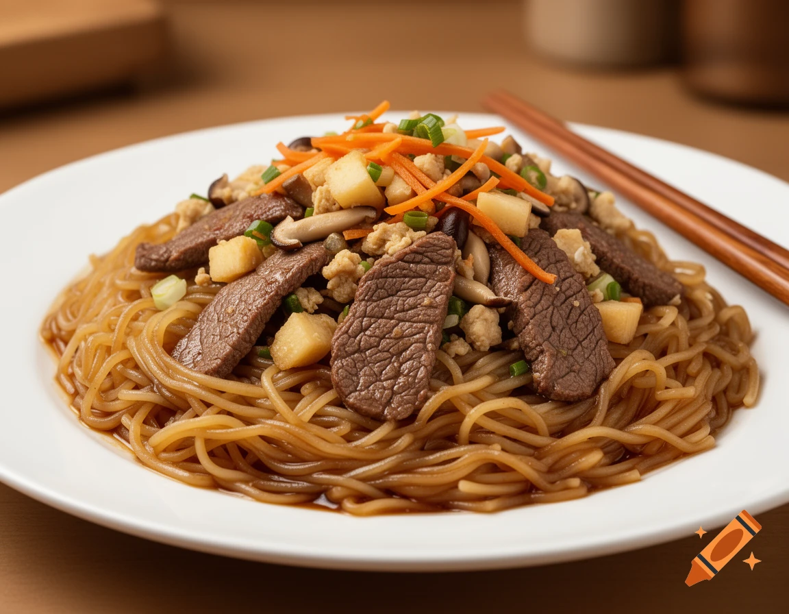 A close-up of beef ho fan noodles topped with sliced beef, ground meat, mushrooms, diced potatoes, shredded carrots, and green onions on a white plate.