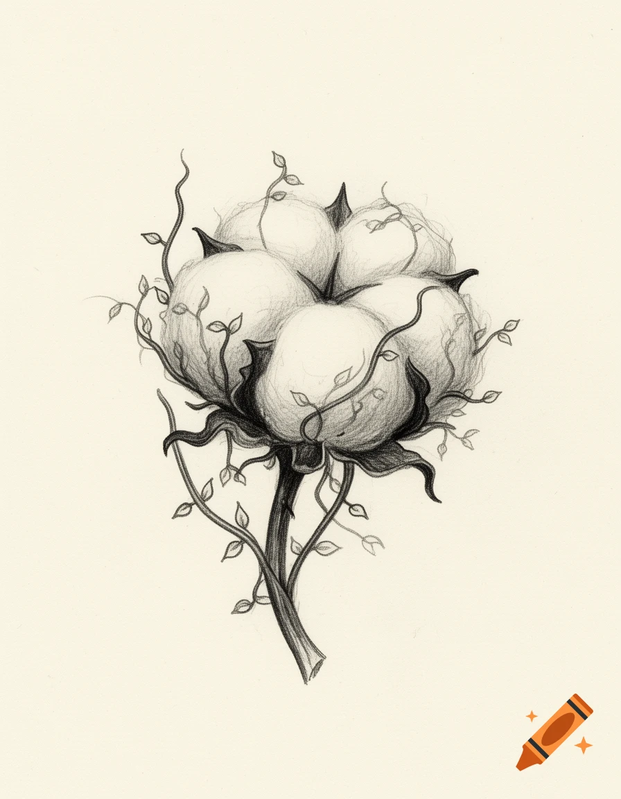 A monochrome graphite and charcoal sketch of a cotton boll with delicate vines entangled around it.