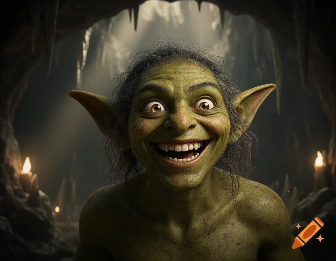 A close-up, photorealistic portrait of an ecstatic green goblin with large ears and wide eyes, smiling broadly in a dimly lit cave.
