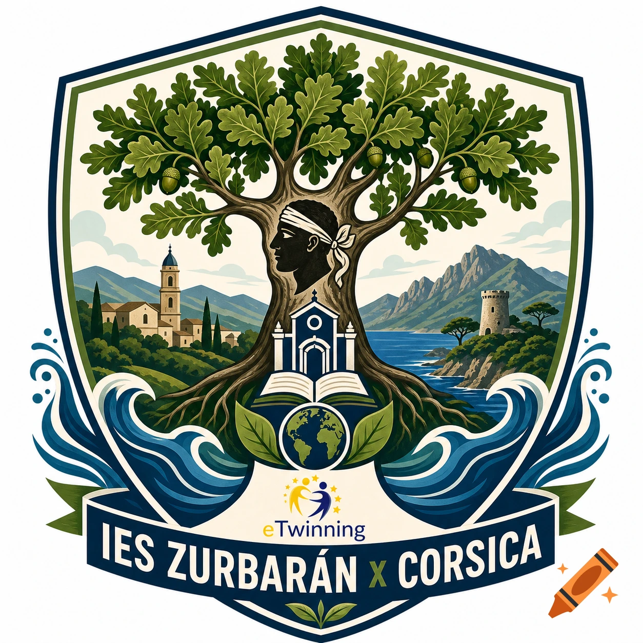 Illustrated crest logo with a prominent oak tree, a man's profile, a church, mountains, ocean waves, and a banner with 'IES ZURBARÁN X CORSICA' and 'eTwinning'.