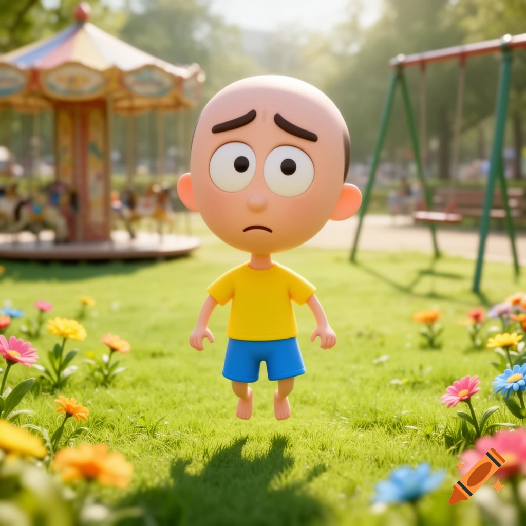 A bald, big-headed cartoon boy with a sad expression, wearing a yellow shirt and blue shorts, floats in a sunny park with a carousel and swings in the background.