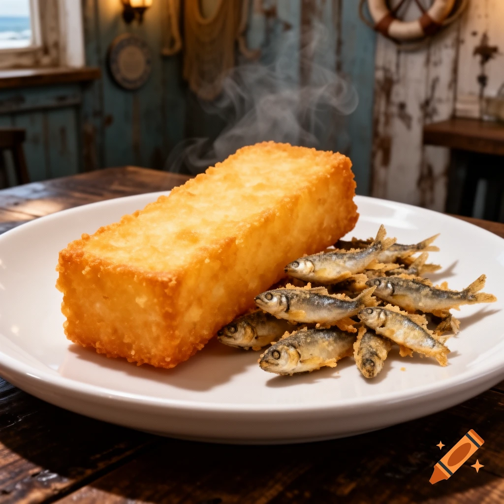 A large golden fried block and a pile of small fried fish on a white plate in a rustic, nautical-themed restaurant.