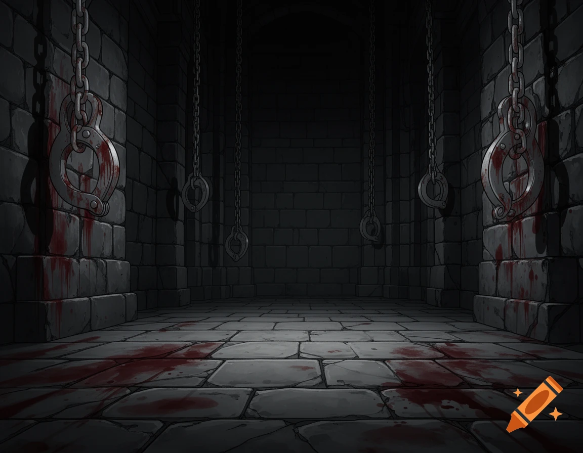 A dark, stylized illustration of a stone dungeon room with chains, shackles, and blood splatters on the walls and floor.