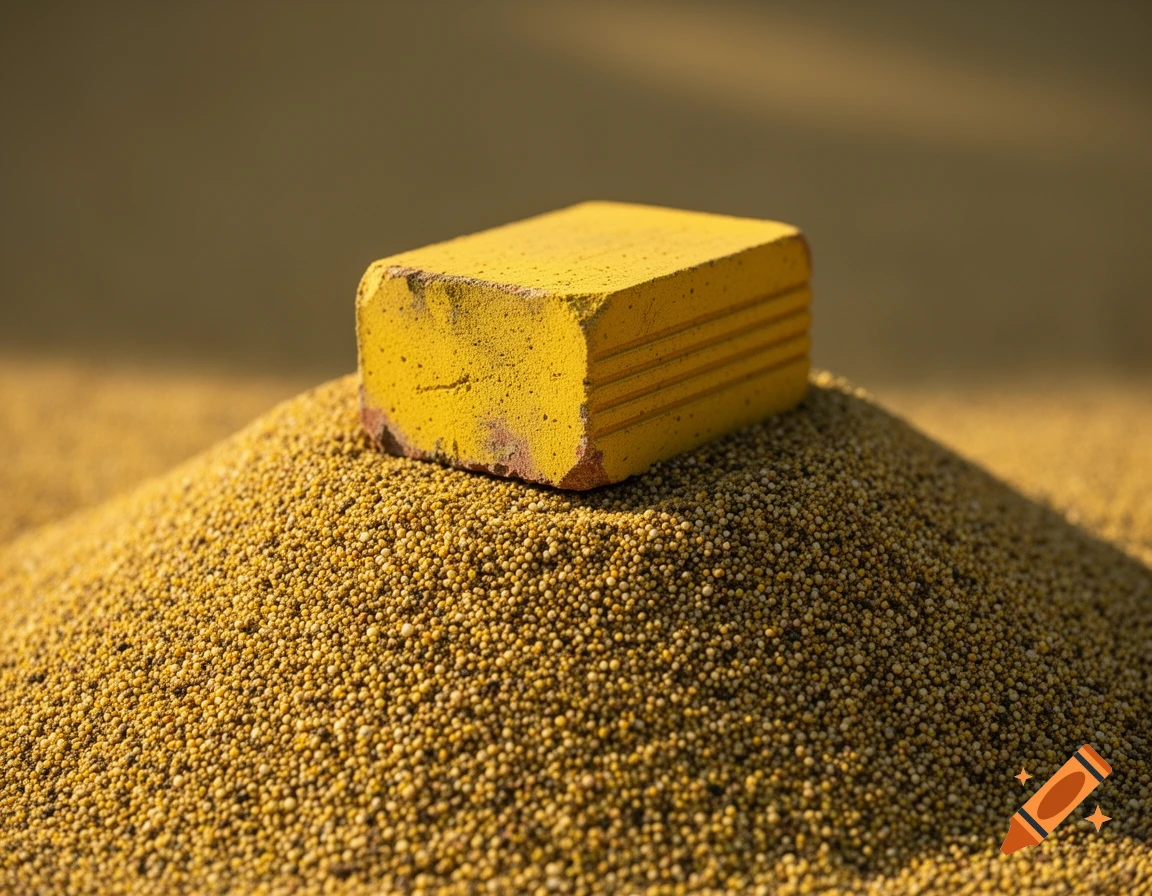 A worn yellow brick rests on a large mound of tiny golden mustard seeds, illuminated by warm sunlight.