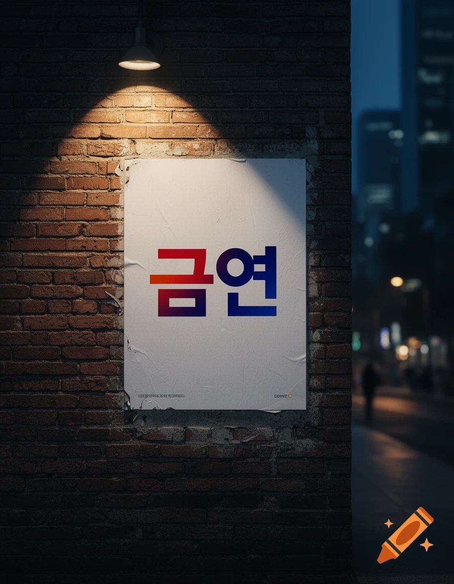 A 'No Smoking' poster with red-to-blue gradient Korean text is illuminated by a spotlight on a brick wall at night.