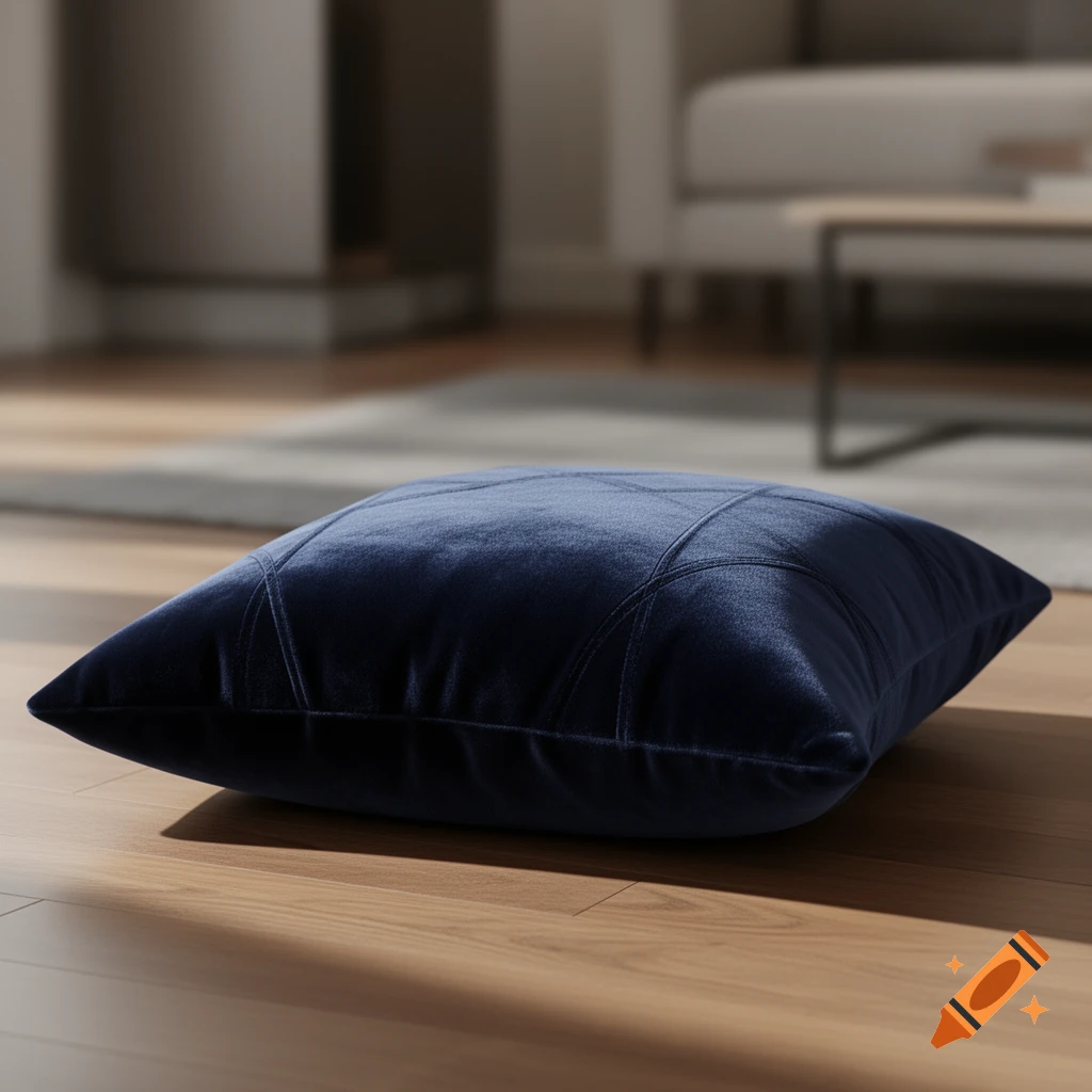 A dark blue velvet pillow with stitched patterns rests on a polished wooden floor in a softly lit room.