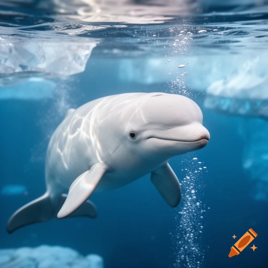 A photorealistic image of a white beluga whale swimming underwater in clear blue water, with ice floes visible above the surface and rising bubbles.