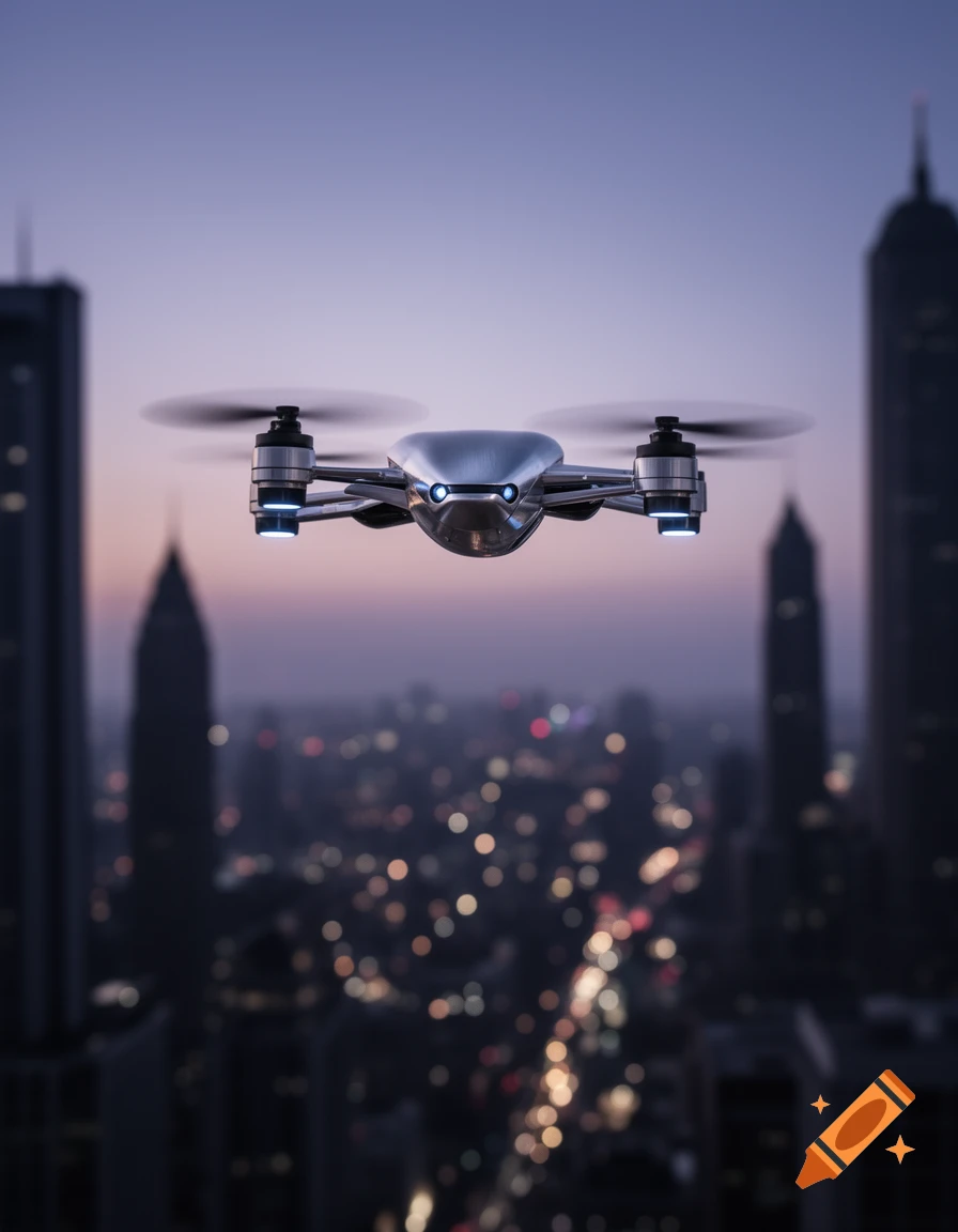 A silver drone flies over a blurred city skyline with illuminated buildings and traffic lights at dusk.