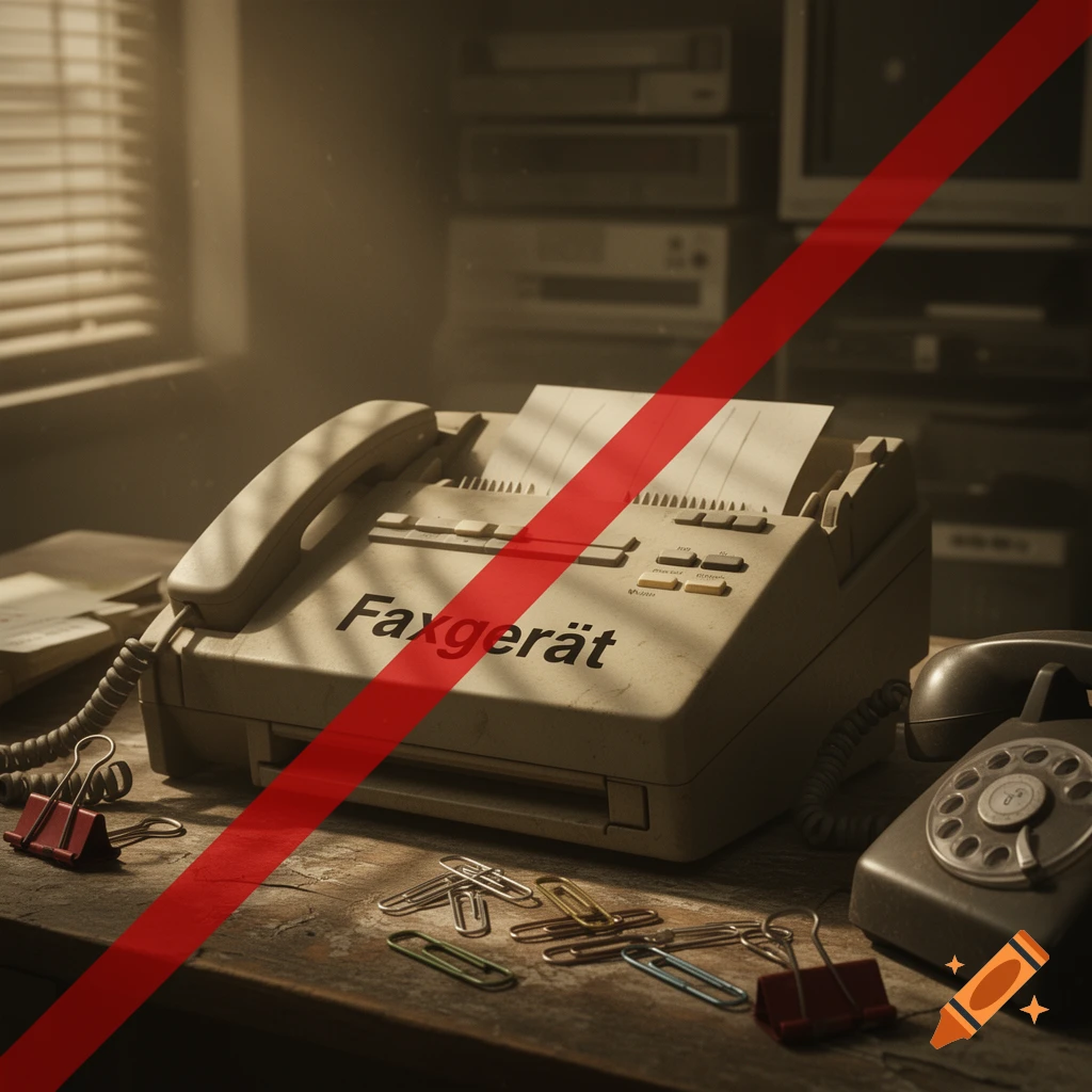 A vintage fax machine on a desk with office supplies, crossed out with a red line and labeled 'Faxgerät'.