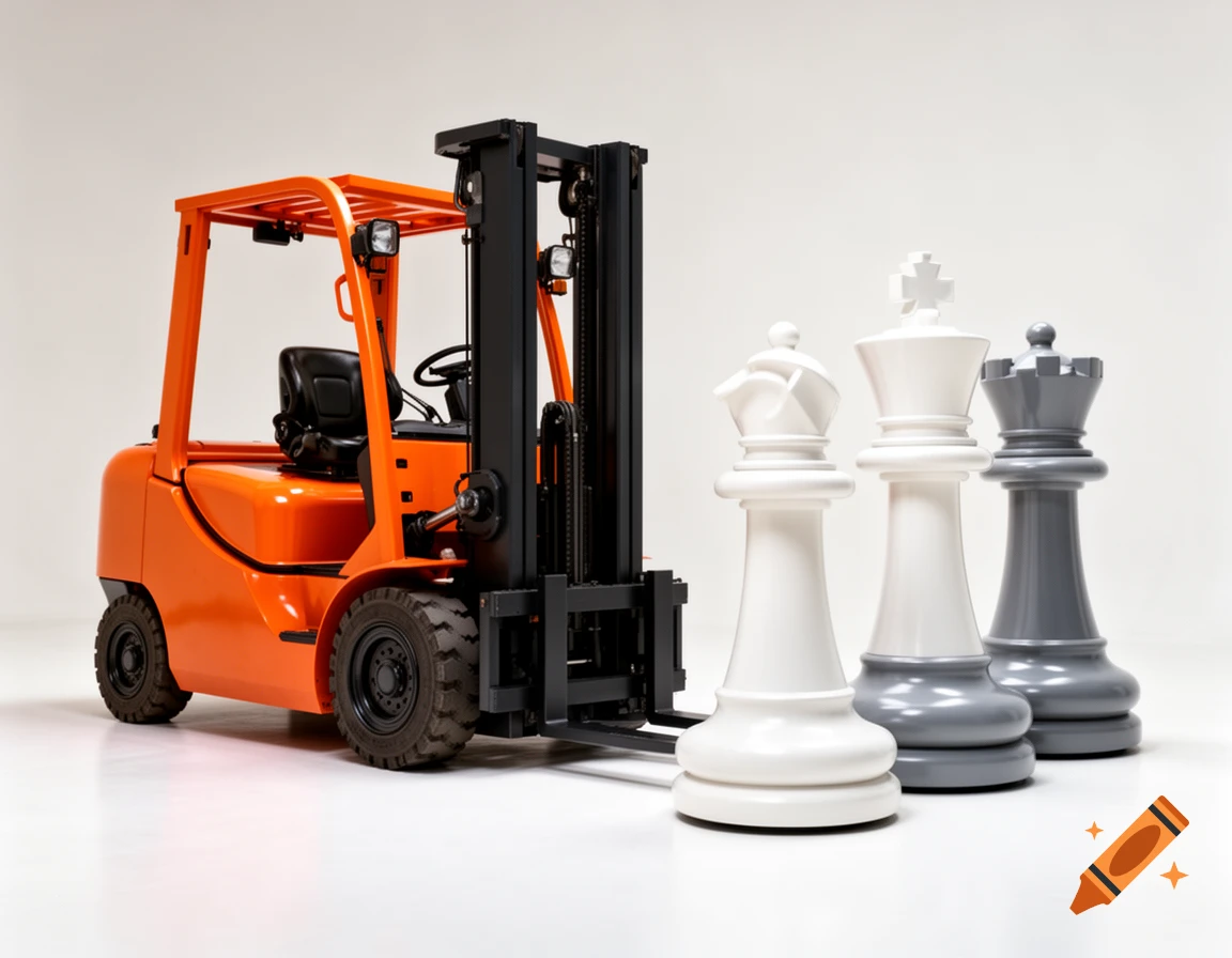 An orange forklift parked beside three oversized chess pieces: a white bishop, a white king, and a grey queen, on a white background.