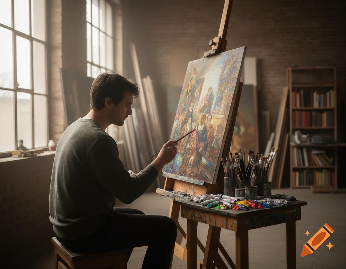 A man in a green sweater paints a detailed canvas on an easel in a dimly lit art studio, surrounded by paintbrushes and books.