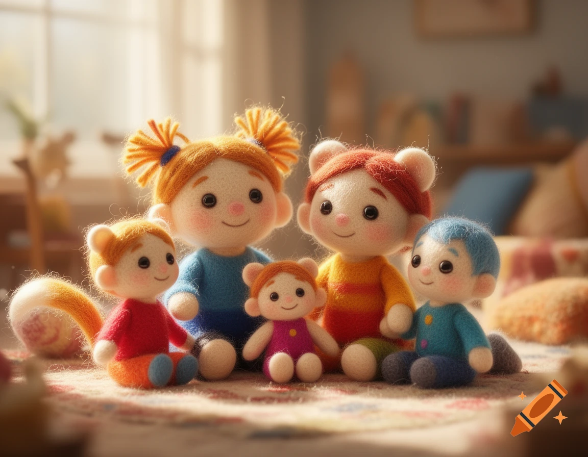 Five colorful felt figurines resembling children, including one with pigtails and another with a squirrel tail, sitting on a patterned rug.