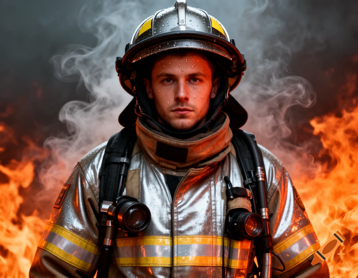 Photorealistic image of a sweating firefighter in full gear, with intense flames and smoke in the background.