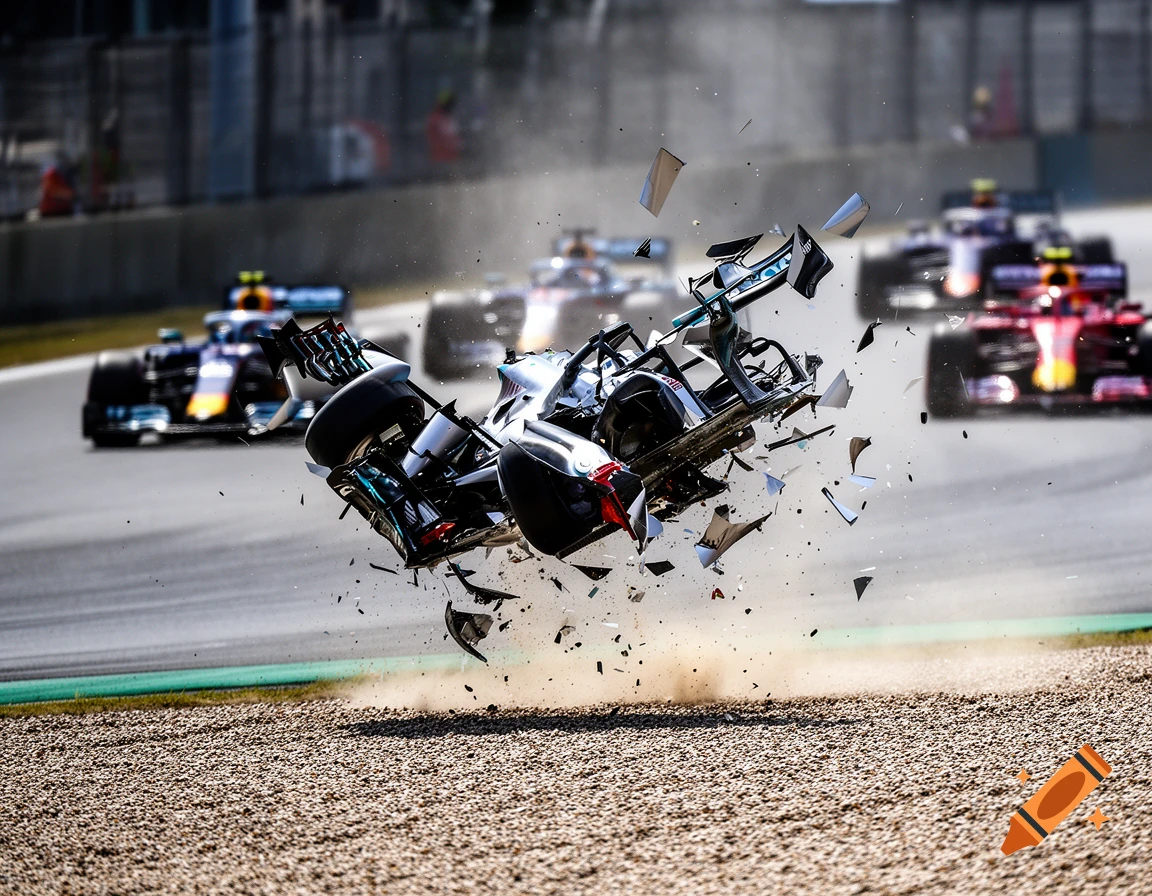 Photorealistic image of a white Formula 1 car violently crashing and breaking apart on a race track, with debris flying.