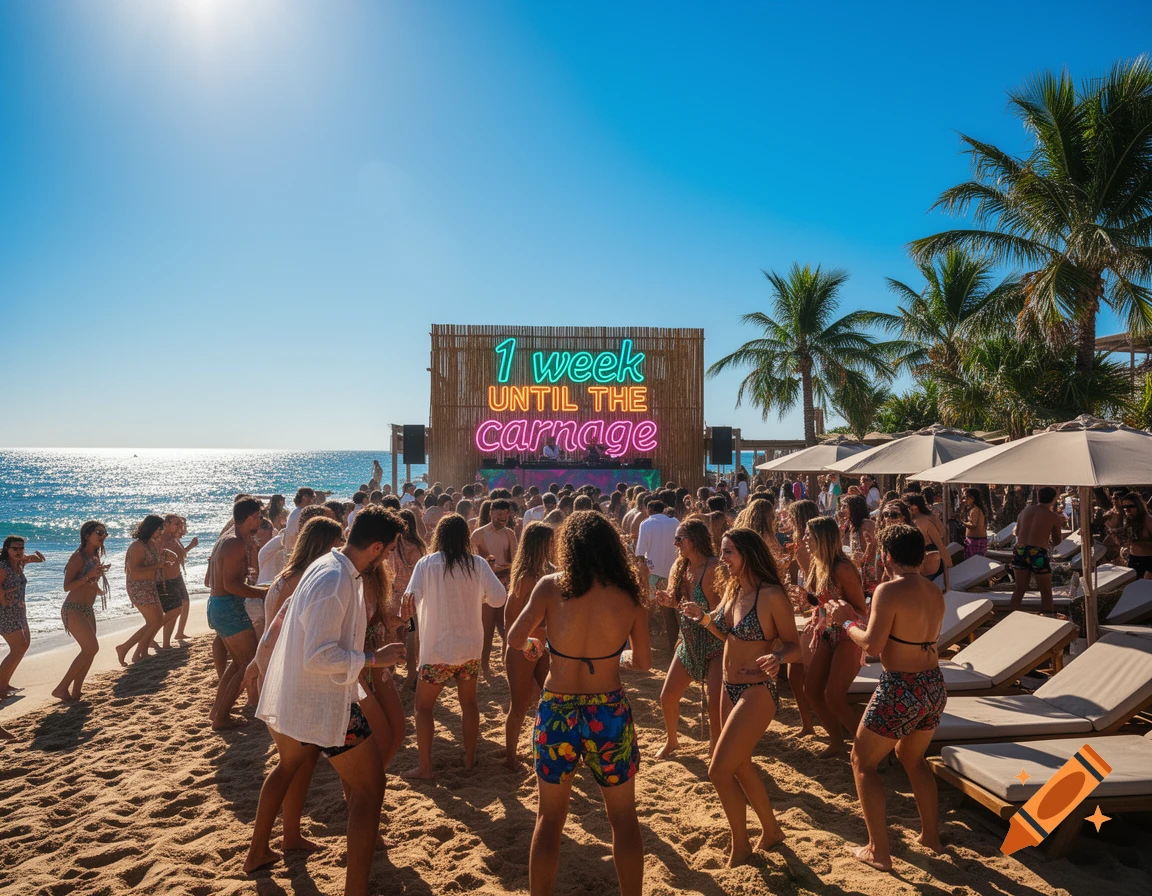 A lively beach party scene with people dancing on the sand, a stage with '1 week until the carnage' in neon, palm trees, and the ocean.