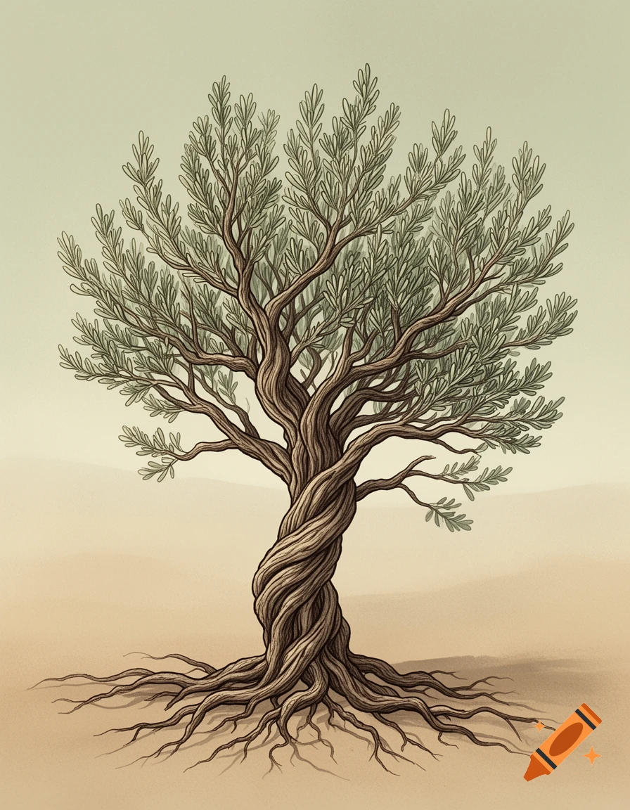An illustration of a tree with a thick, twisted trunk, exposed roots, and bushy green leaves, set against a light, muted background.