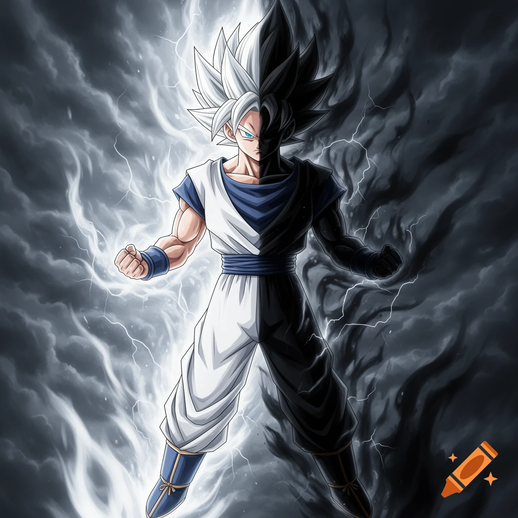 Goku, split down the middle, half white-haired and bright, half dark-haired and shadowed, surrounded by energy.