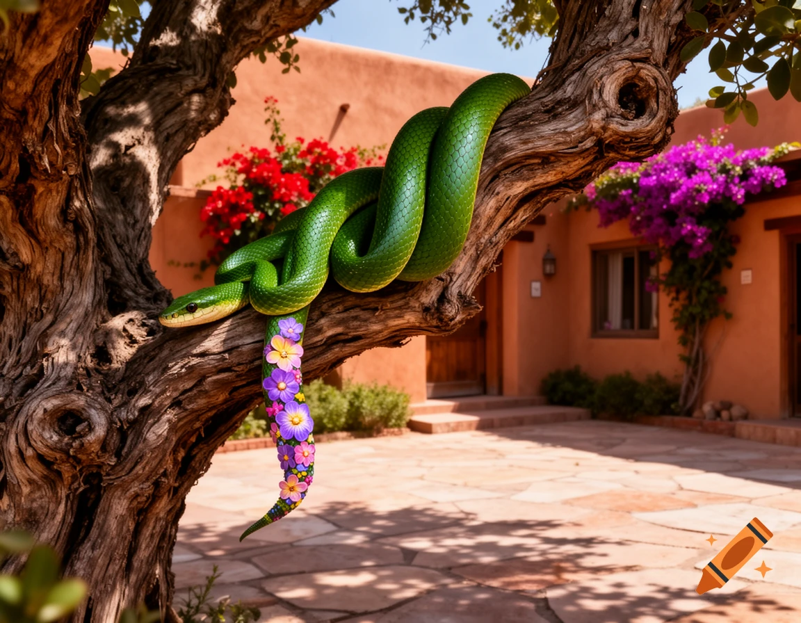 Snake Courtyard A photorealistic green snake with a colorful flower-painted tail coiled ...