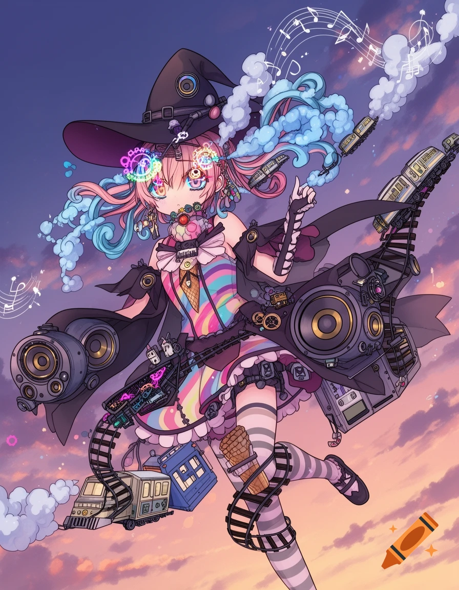 Anime witch with pink hair, black hat, and rainbow dress, adorned with trains, speakers, ice cream, and musical notes against a sunset sky.