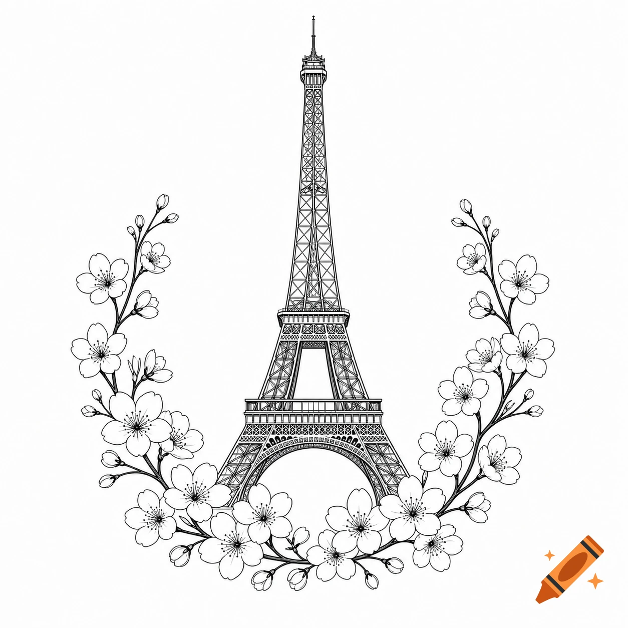 Black and white outline illustration of the Eiffel Tower surrounded by cherry blossoms, minimalistic style.