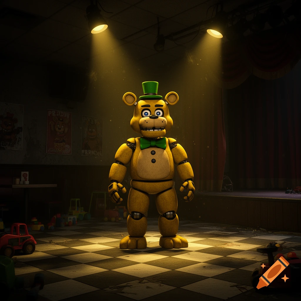 A yellow animatronic bear with a green top hat and bowtie stands on a checkered floor in a dimly lit room with posters and toys.