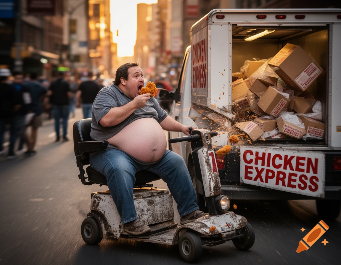 An obese man on a mobility scooter crashes into a chicken truck on a busy city street, spilling fried chicken as he eats.