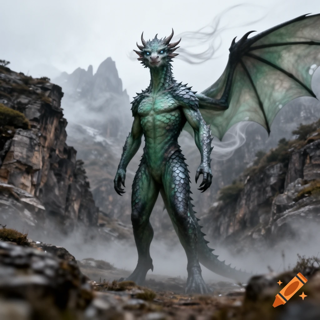 A muscular, green-scaled bipedal dragon-man with wings stands in a misty, rocky mountain landscape.