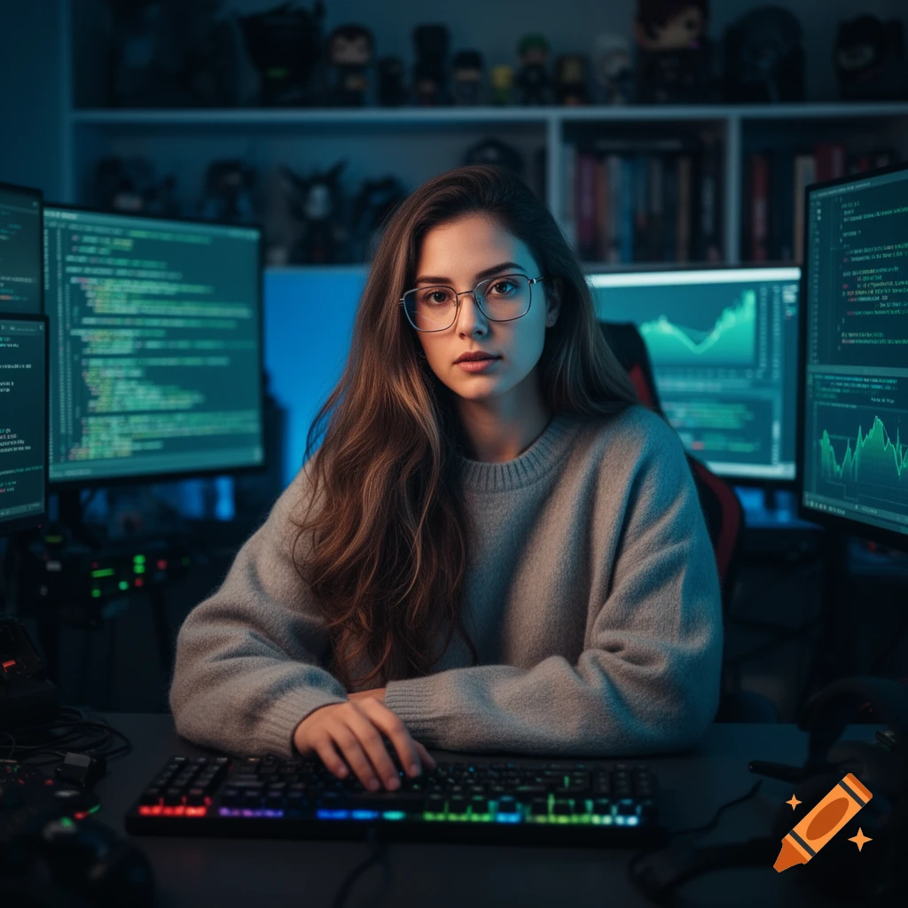 A woman with long brown hair and glasses sits at a desk with a glowing keyboard, surrounded by multiple monitors displaying code.