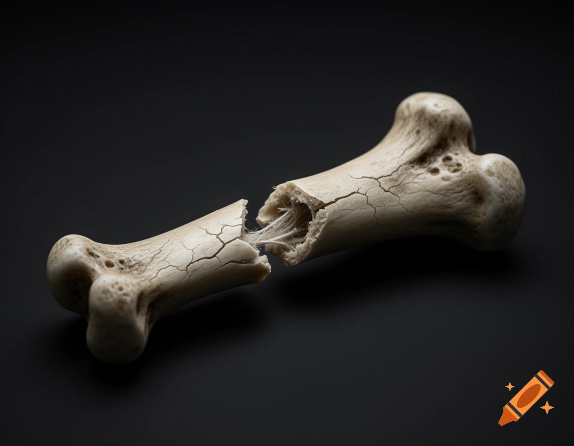 A realistic broken bone with detailed texture and cracks, snapped in the middle, lies on a dark background.