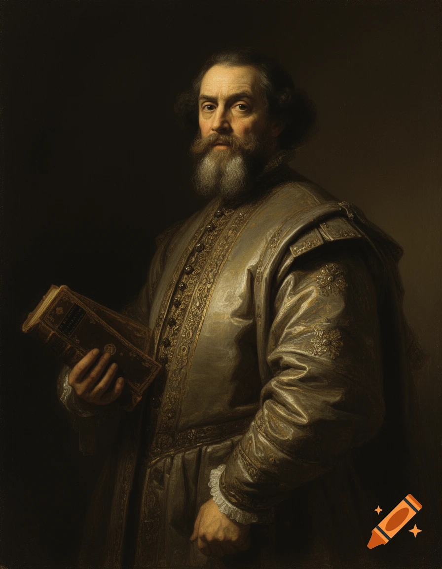 Rembrandt-style painting of a bearded nobleman in ornate clothing holding a thick leather-bound book, looking at the viewer.