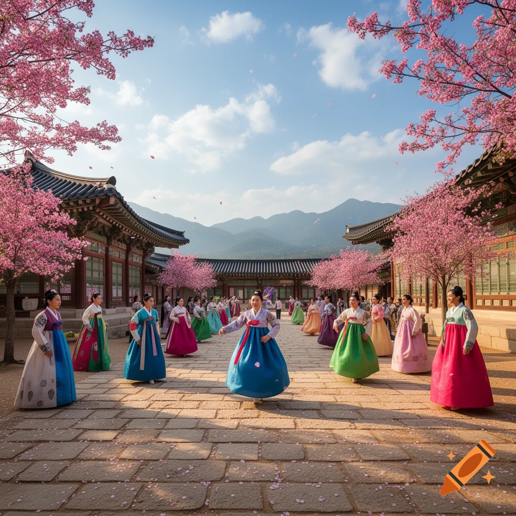 Women in colorful traditional Korean hanbok pose in a sunny palace courtyard with pink cherry blossoms and mountains in the background.